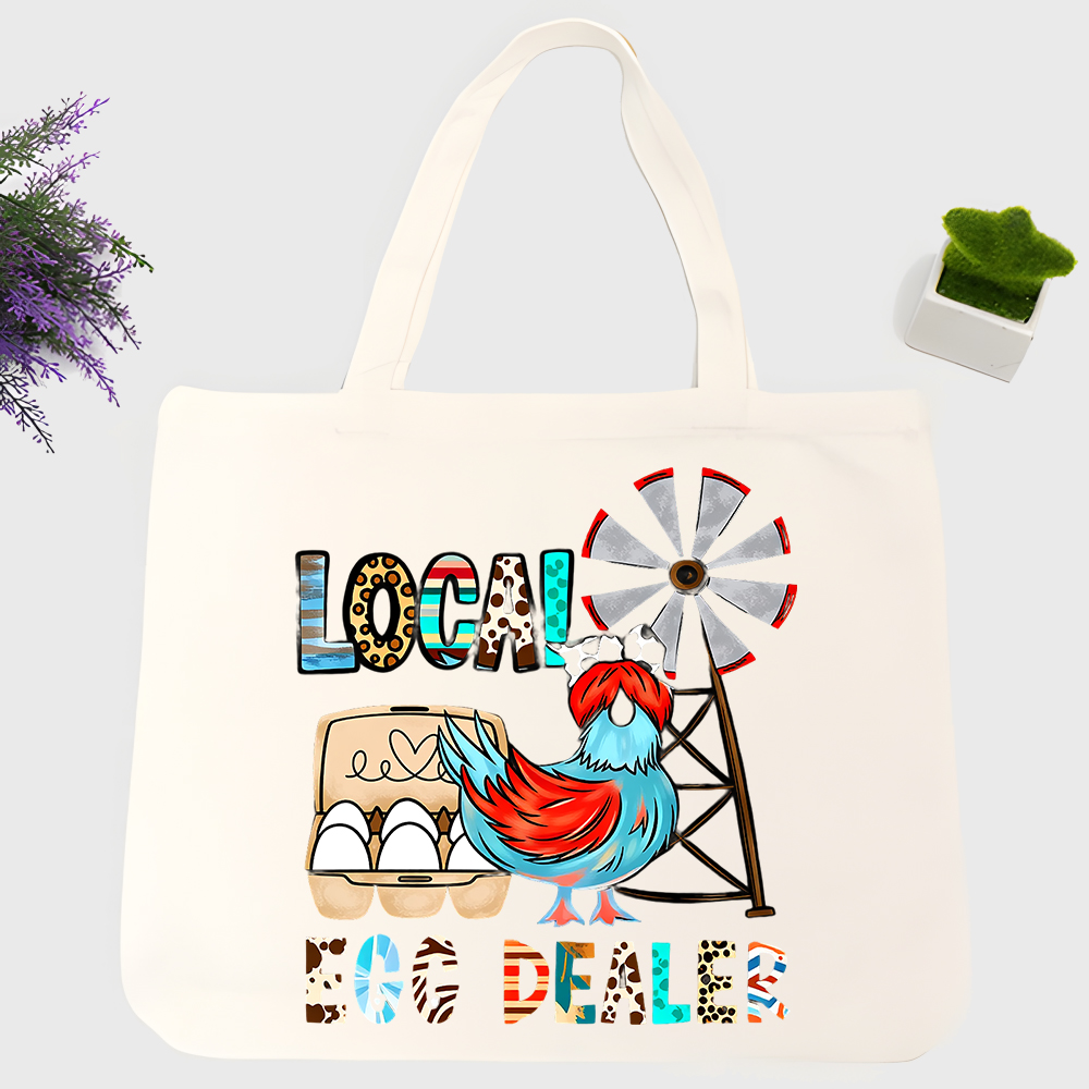 Women Bags Farmers - กระเป๋าผ้าแคนวาสลายกราฟิกไก่และกังหันลม พร้อมดีไซน์ลายกล่องไข่ เหมาะสำหรับการช้อปปิ้งที่ตลาดชาวไร่และการใช้งานในชีวิตประจำวัน