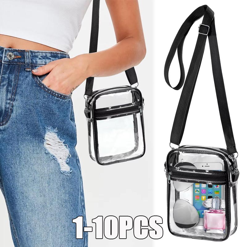 Women Bags Crossbody - กระเป๋าสะพายข้างใสสำหรับผู้หญิง 1-10 ชิ้น พร้อมซิปและสายสะพายปรับได้ เหมาะสำหรับงานอีเวนต์ สนามกีฬา